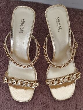 Michael Kors Metallic Gold Chain-Trim Slide Sandals
